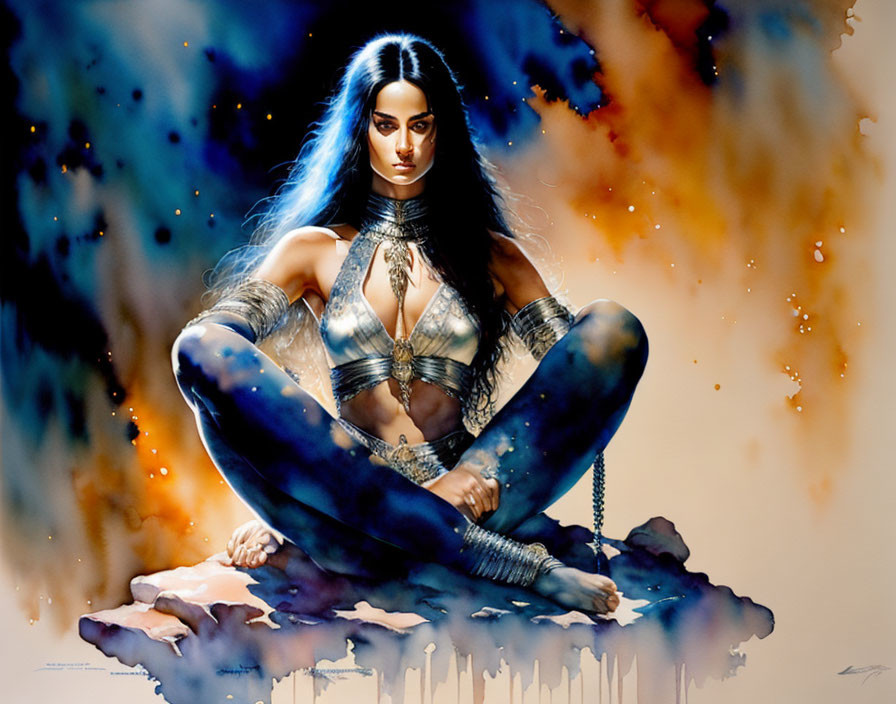 Illustration of woman in blue hair & metallic armor in cosmic setting