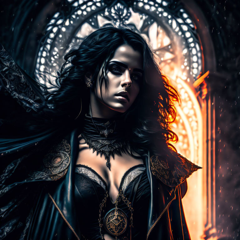 Dark-haired woman in gothic setting, wearing black cloak and intricate jewelry with intense gaze