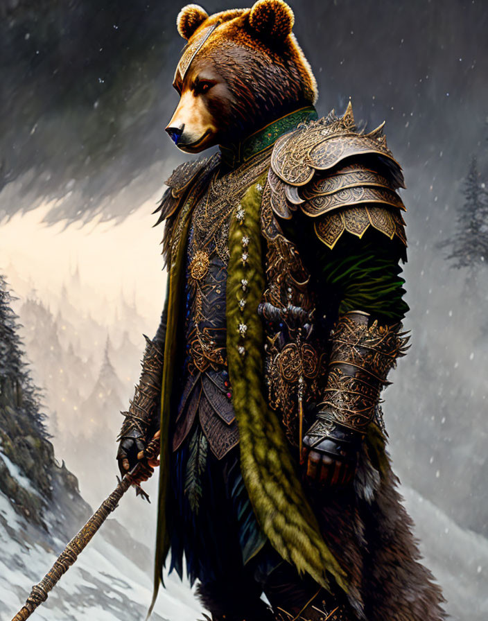 Anthropomorphic bear warrior in medieval armor with staff weapon