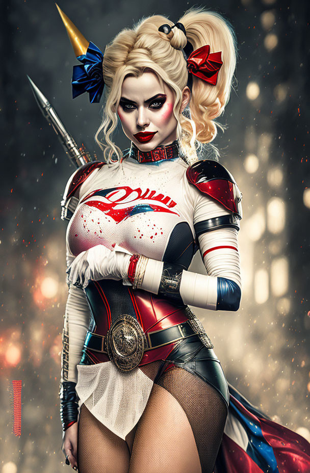 Stylized portrait of woman in Harley Quinn costume with metallic armor details on snowy background