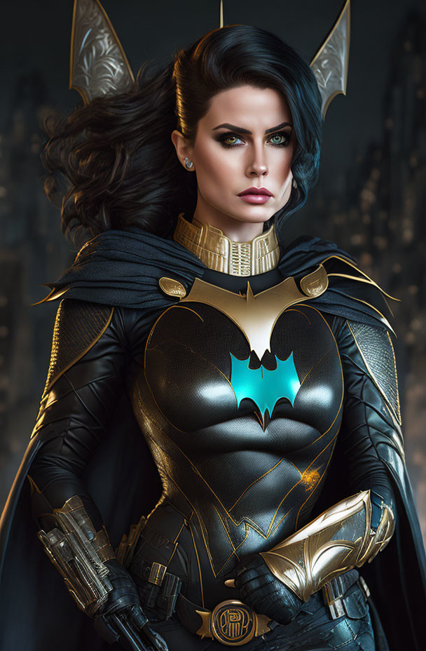 Superhero woman in black costume with bat emblem and cape