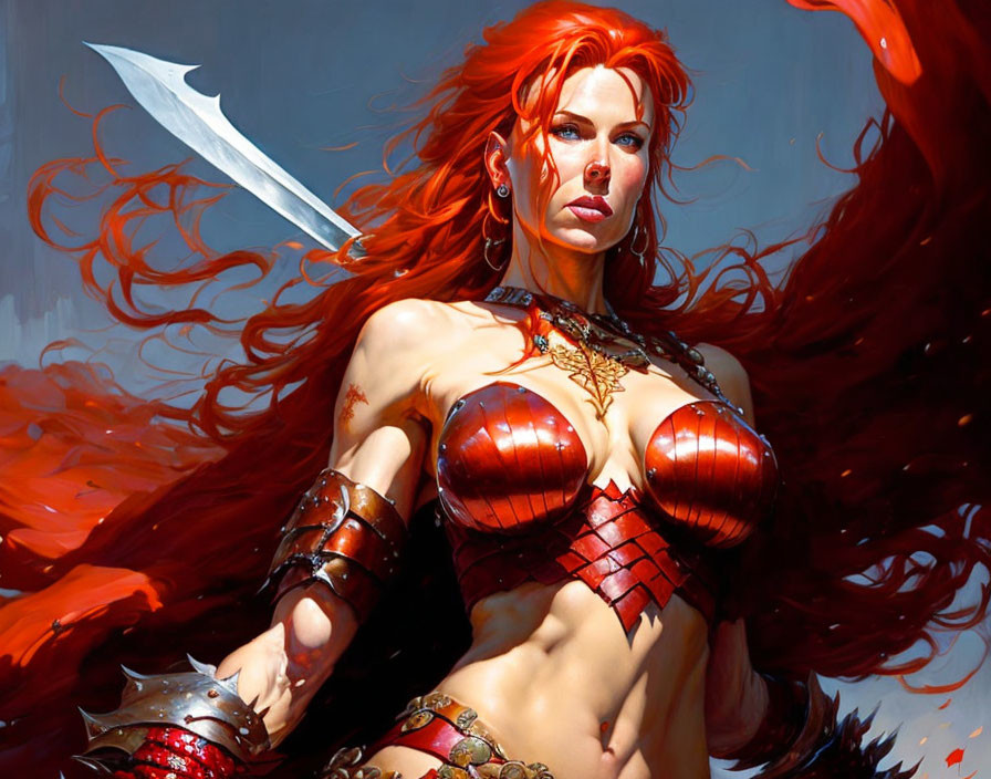 Warrior with Red Hair Wielding Large Sword in Ornate Armor