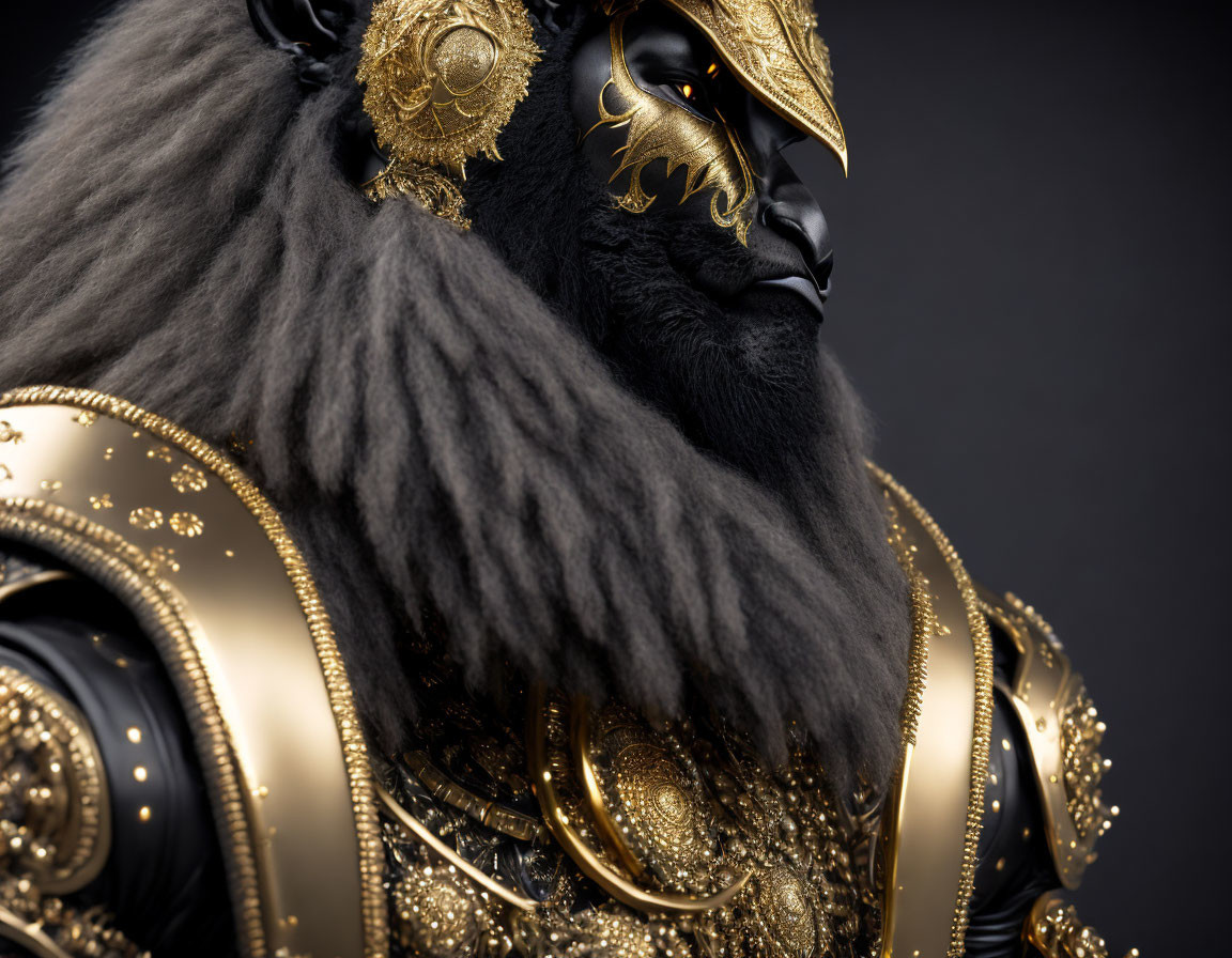 Golden Armor with Intricate Designs, Beak-like Mask, Grey Fur Mantle on Black Background