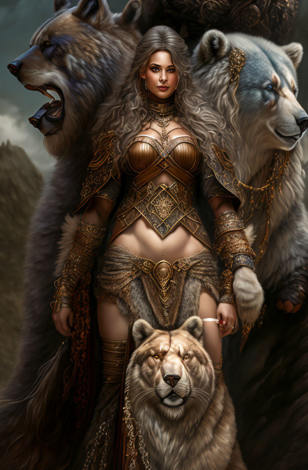 Fantasy warrior woman in ornate armor with bear, lion, and wolf