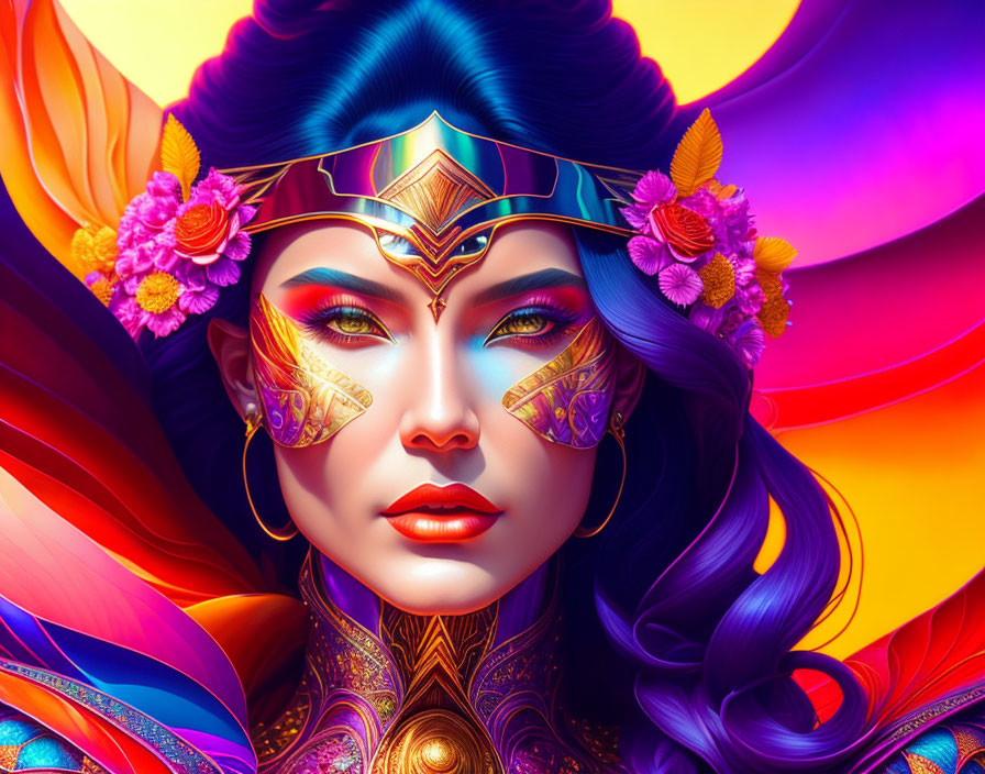 Colorful digital artwork: Woman with decorative headpiece and mask on vibrant background