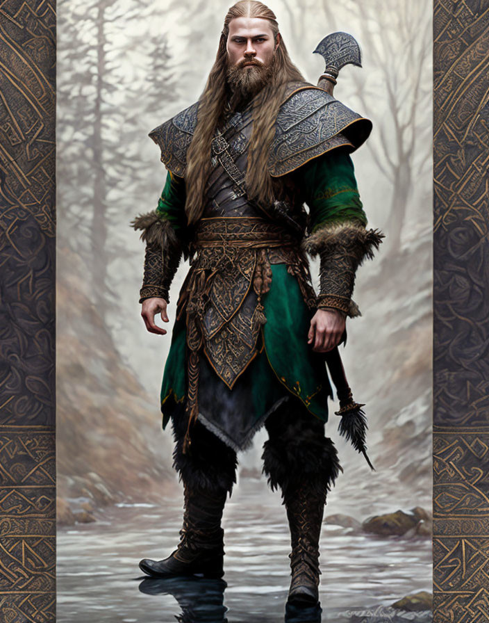 Bearded warrior in ornate armor wields axe in misty forest