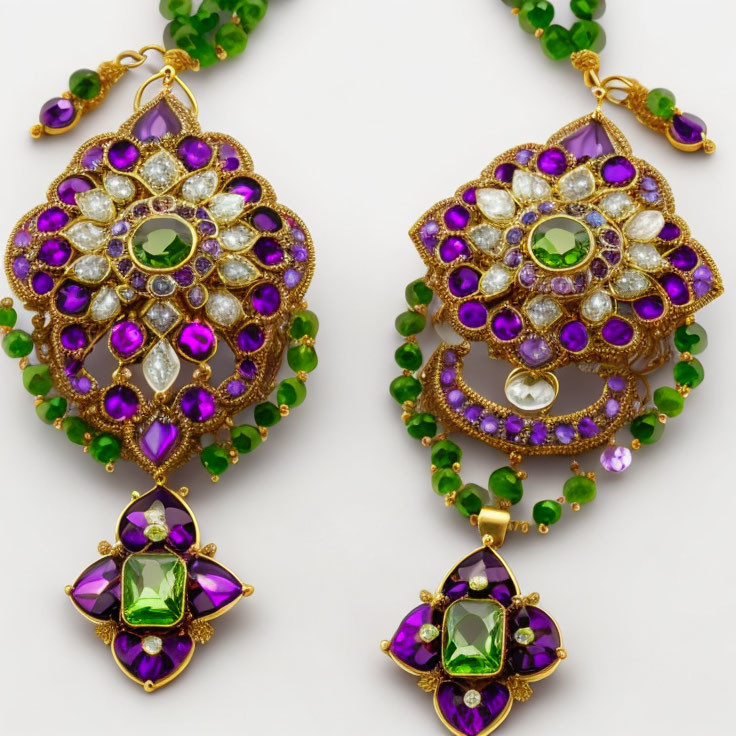 Green and Purple Gemstone Earrings with Gold Setting