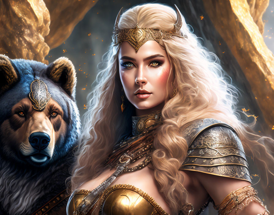 Regal woman in golden armor with bear against radiant backdrop