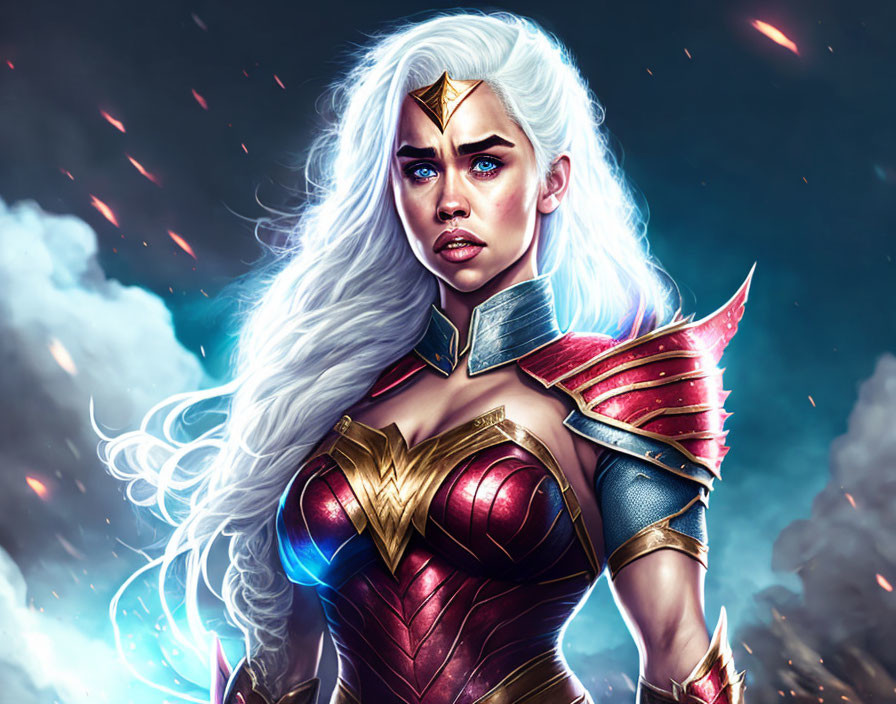 Female warrior digital art: white hair, golden tiara, red-gold armor against dramatic sky.