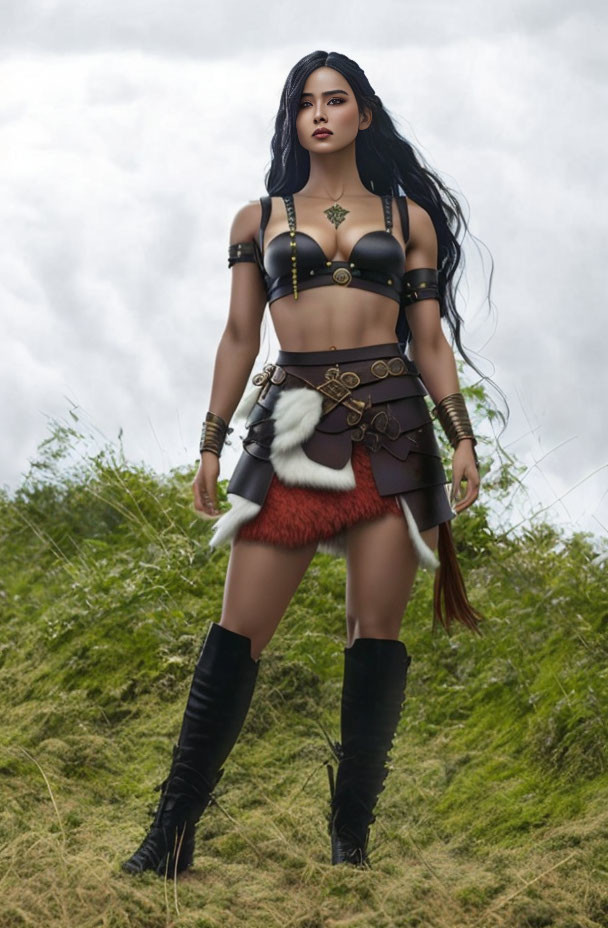 Fantasy warrior woman in black leather armor on grassy field