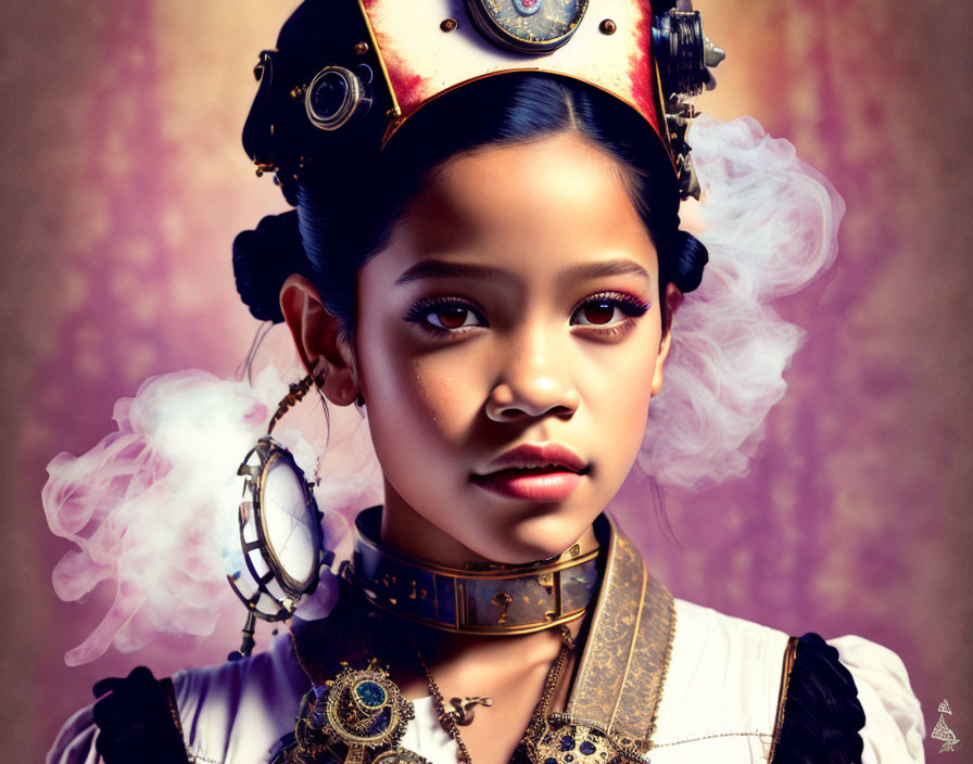 Steampunk-themed young girl with goggles and ethereal smoke.