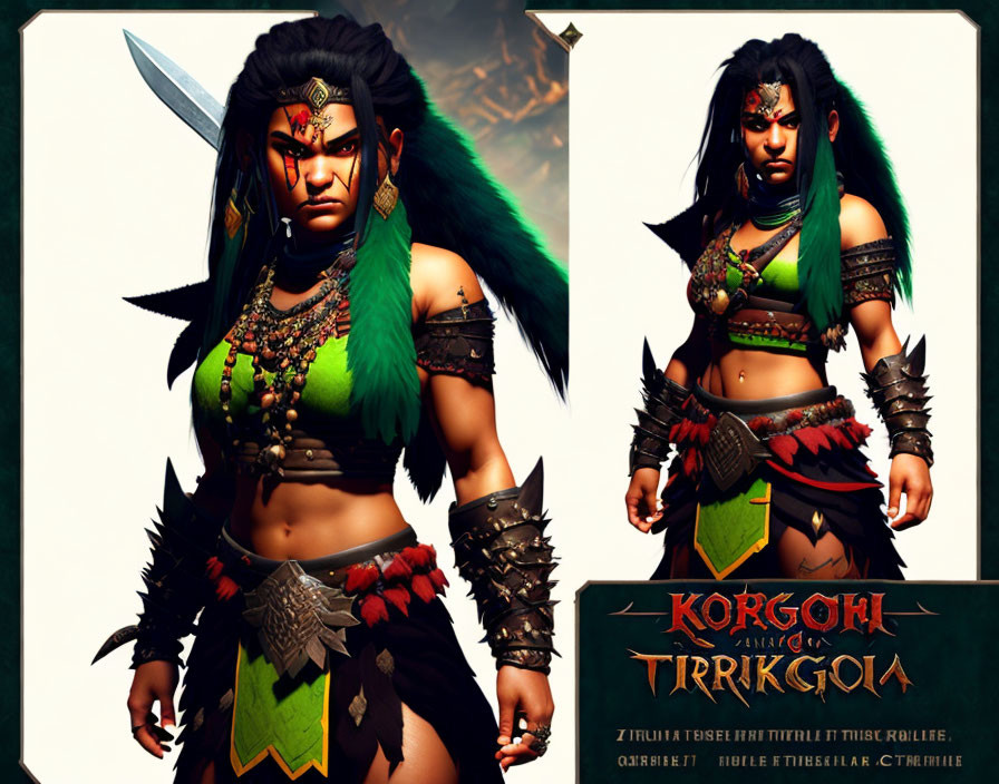 Female warrior with green hair, tribal face paint, armor, and sword in fiery setting