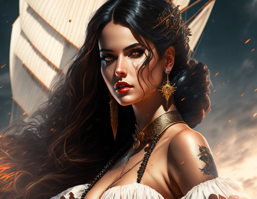 Digital artwork: Dark-haired woman with jewelry, fierce gaze, sailing ship, and floating embers.