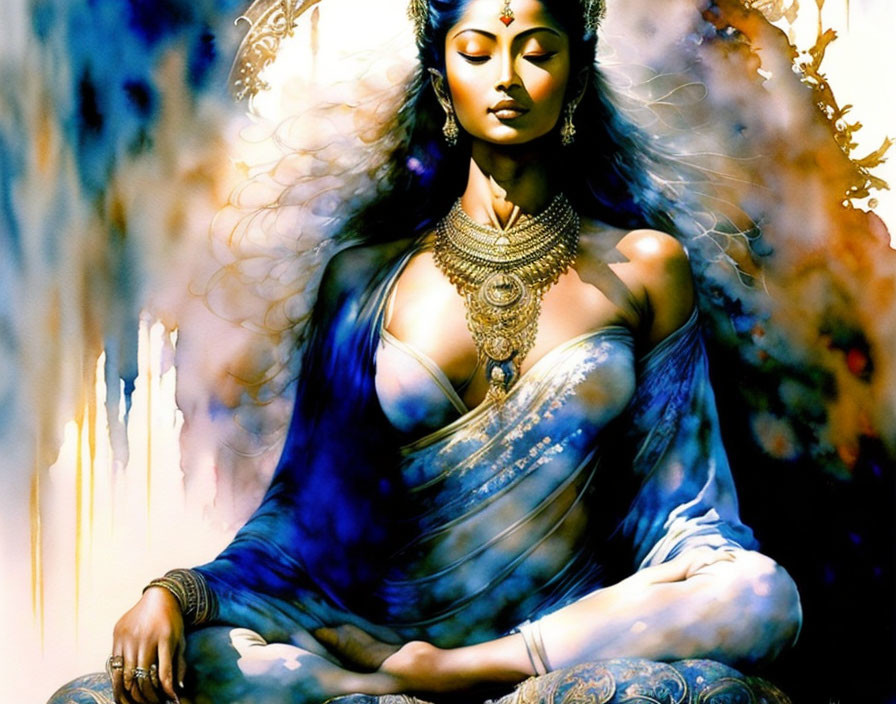 Meditative figure in blue hues with elaborate gold jewelry