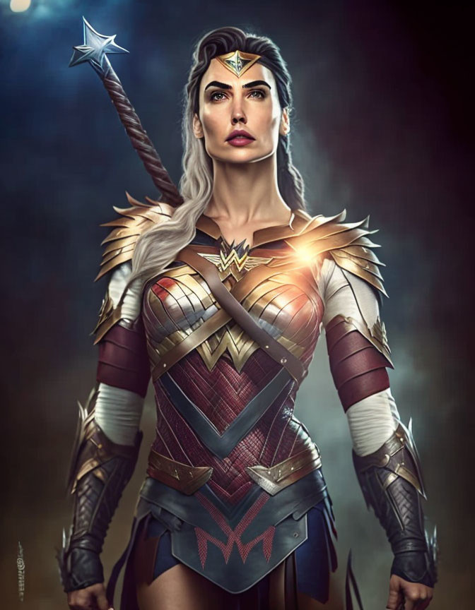 Warrior woman in red and gold armor with tiara and glowing lasso