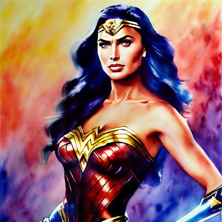 Colorful Wonder Woman illustration with tiara, red and gold armor, and intense gaze