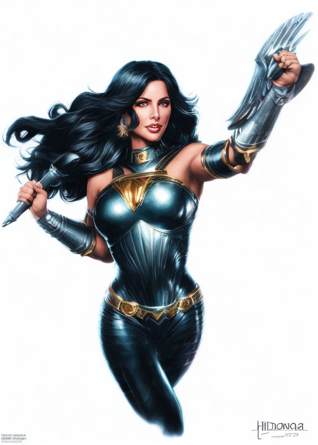 Female superhero with black hair in blue and gold armor wielding blade weapons