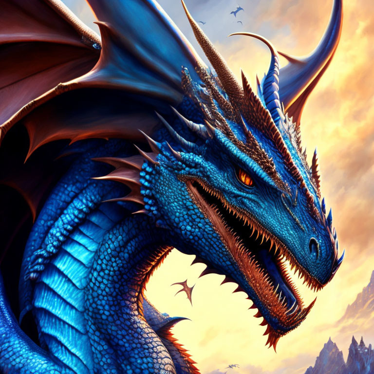 Detailed Blue Dragon Artwork Against Fiery Sky