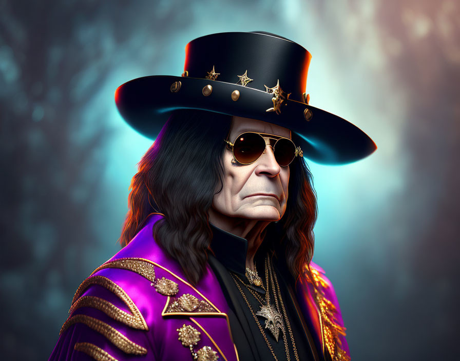 Stylized portrait of person with long dark hair in star-adorned hat & purple jacket