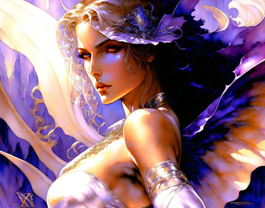 Fantasy female figure with white hair, tiara, purple butterfly wings, metallic arm, on blue