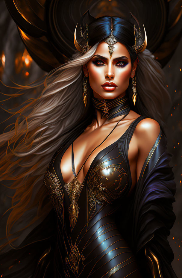 Fantasy illustration of female character with silver hair, golden horns, and jewelry