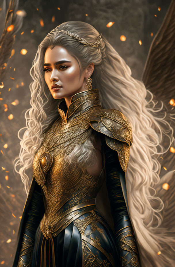 Regal female figure in golden armor with white hair in fiery setting