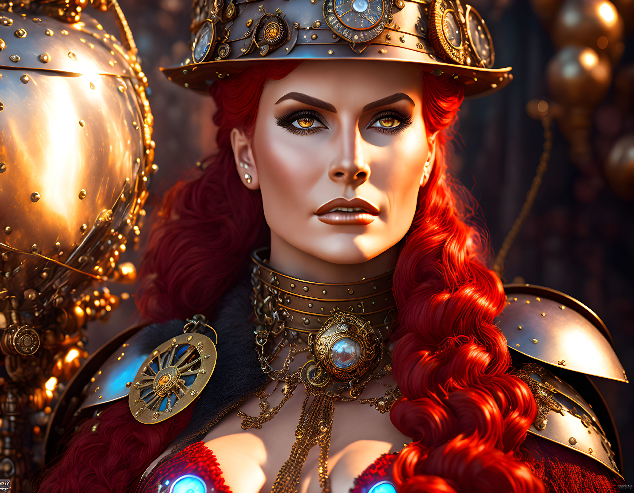 Detailed Illustration: Woman with Red Hair & Blue Eyes in Steampunk Armor