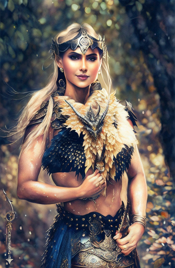 Fantasy-themed portrait of a woman in ornate armor with feathered accents in autumnal backdrop