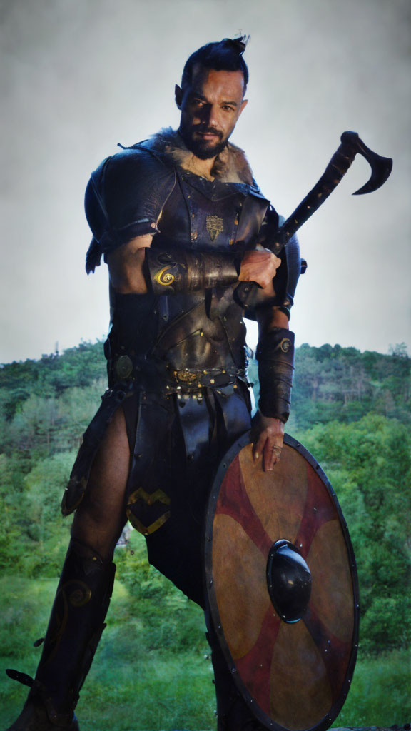 Warrior in Dark Leather Armor with Shield and Axe in Forest