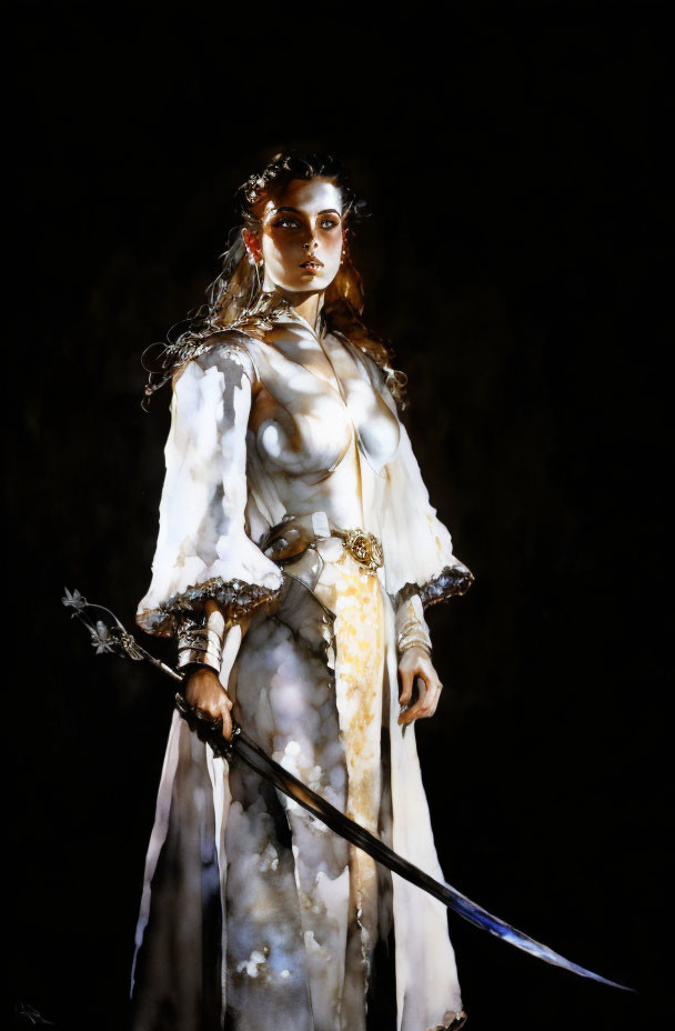 Regal figure in white gown with sword and golden accessories in shadowy background