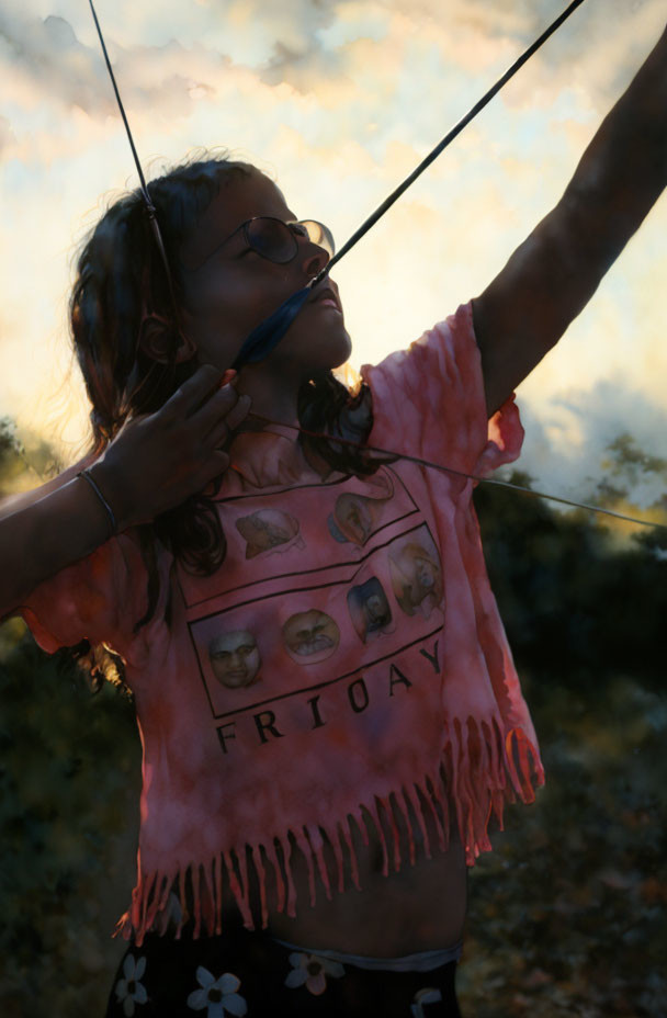 Young person at sunset in tie-dye shirt pretends to shoot arrow with stick and string.