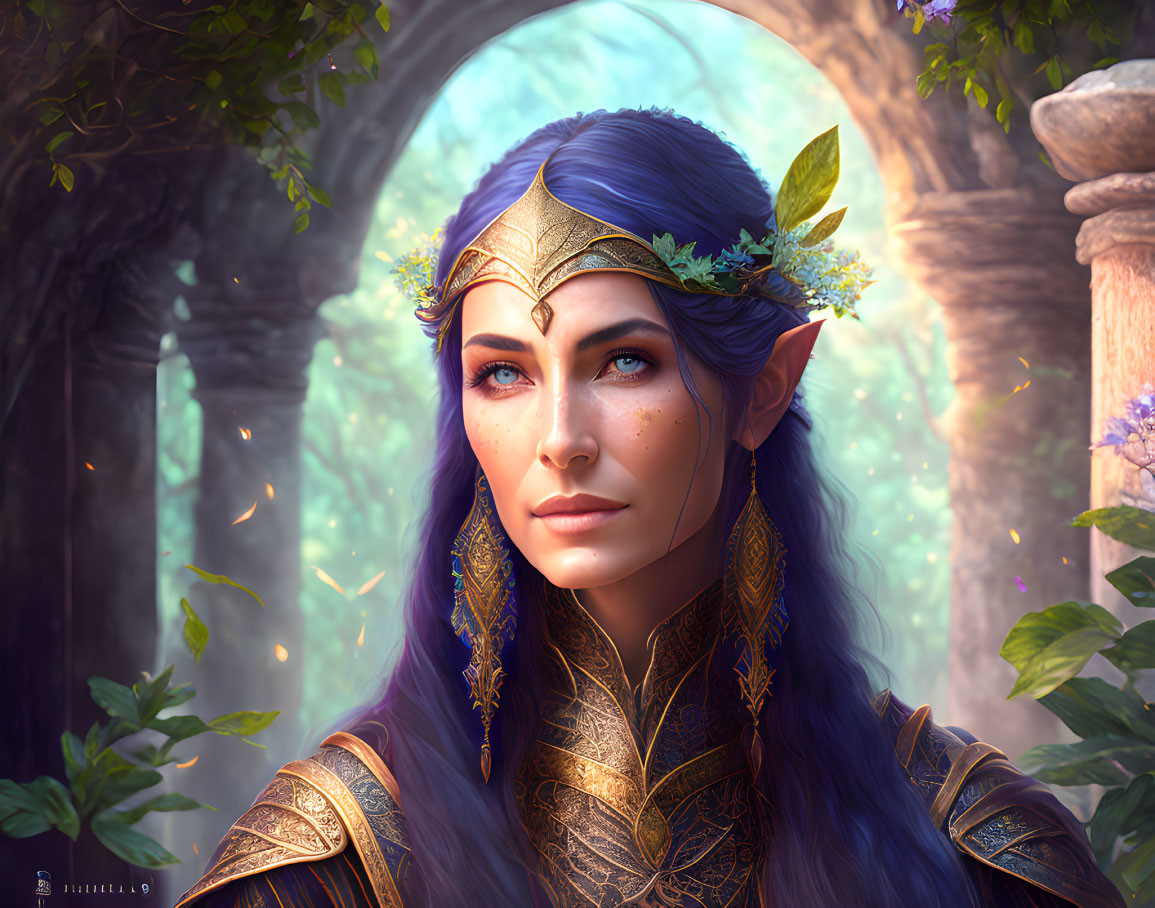 Fantasy elf woman with blue hair in golden armor in magical forest