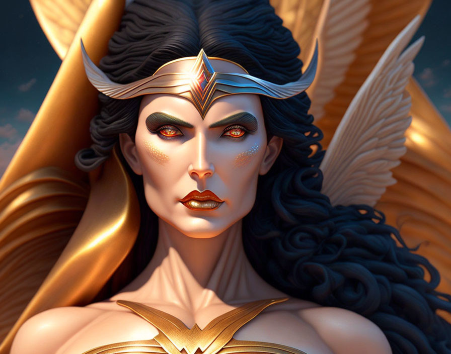 Detailed Female Superhero Digital Illustration with Golden Tiara & Winged Armor