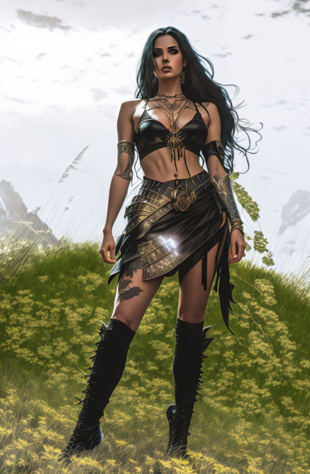 Fantasy-inspired digital art of a woman in teal hair, wearing metallic armor in a grassy field