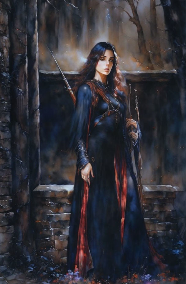 Female warrior in dark robe with bow and arrow amidst ancient ruins