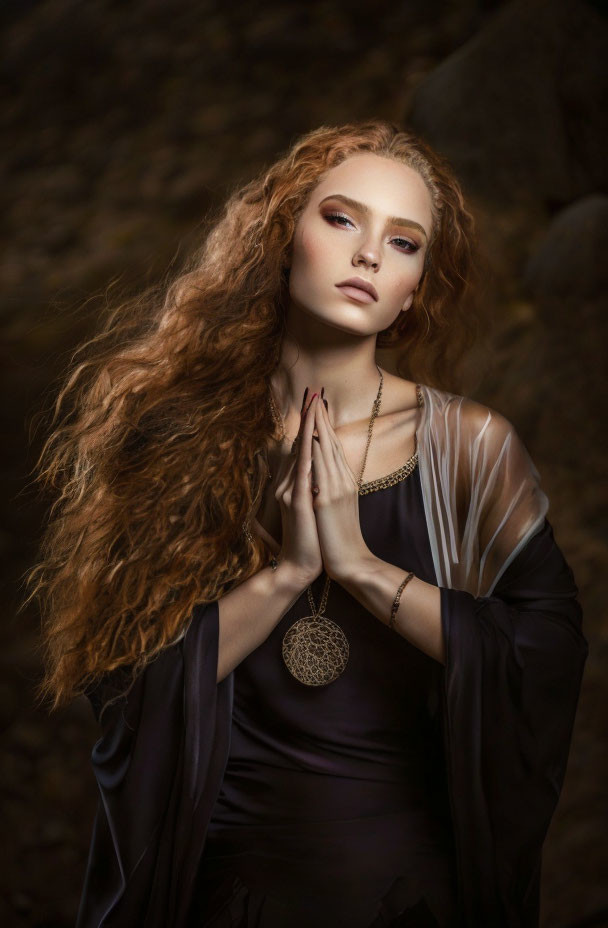 Long Curly Red Hair Woman in Striking Makeup Poses in Dark Dress