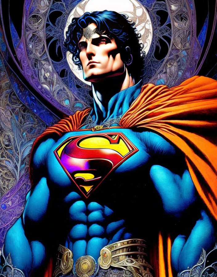 Superman in Blue Suit and Red Cape Against Cosmic Background