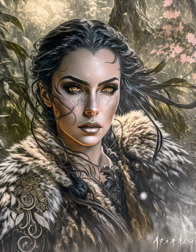 Detailed Illustration: Woman with Striking Eyes and Tribal Markings in Mystical Forest