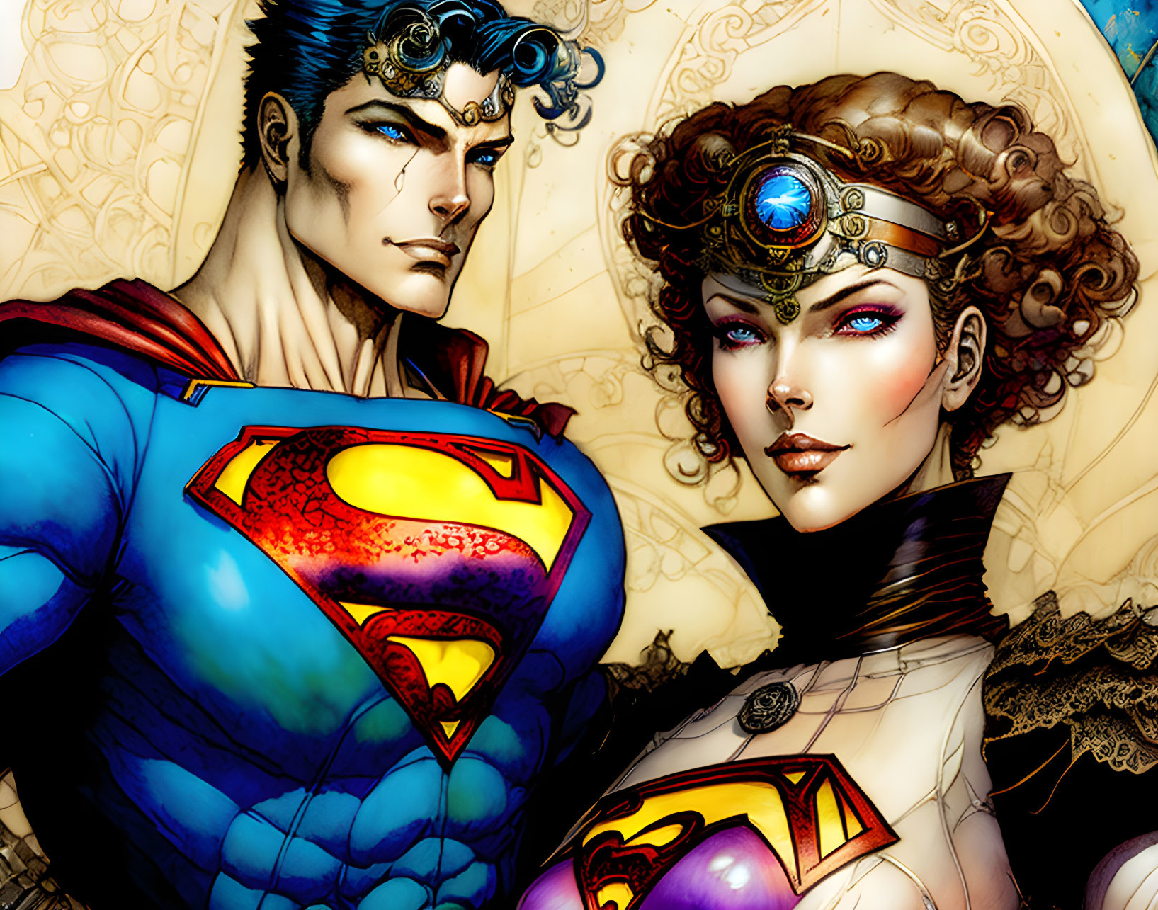 Male and female superhero comic book characters in stylized costumes.