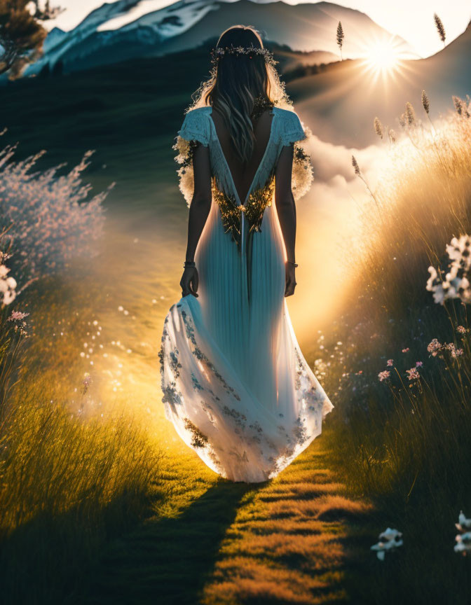 Woman in white floral dress with veil walking in sunlit field with mountains at sunset