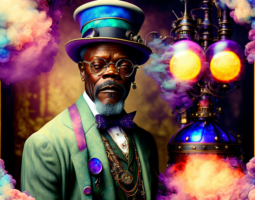 Steampunk man with top hat and goggles in colorful smoke and vintage lamps