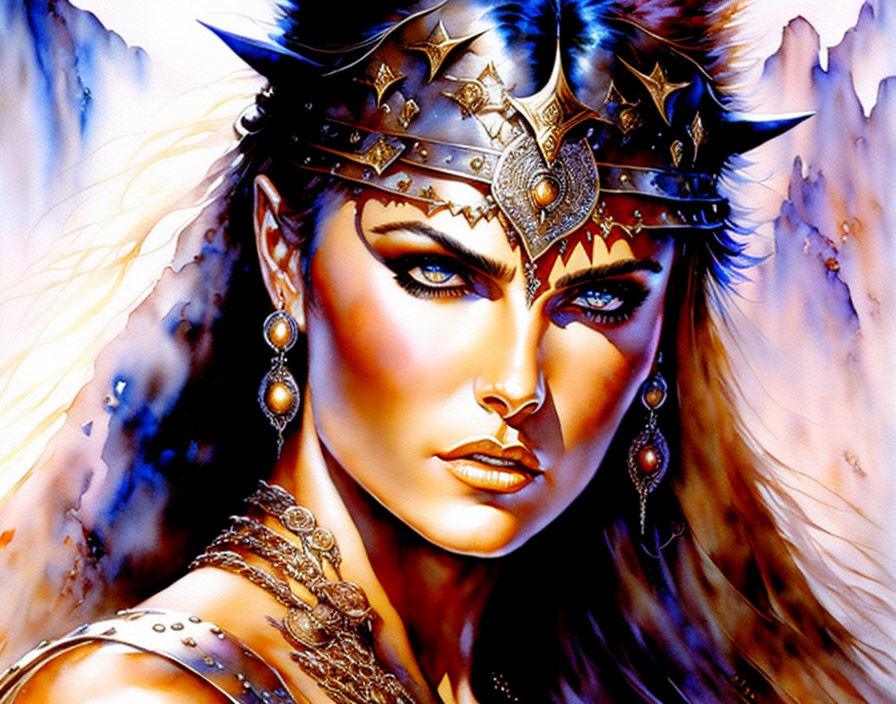 Female warrior with blue eyes, golden crown, and icy background