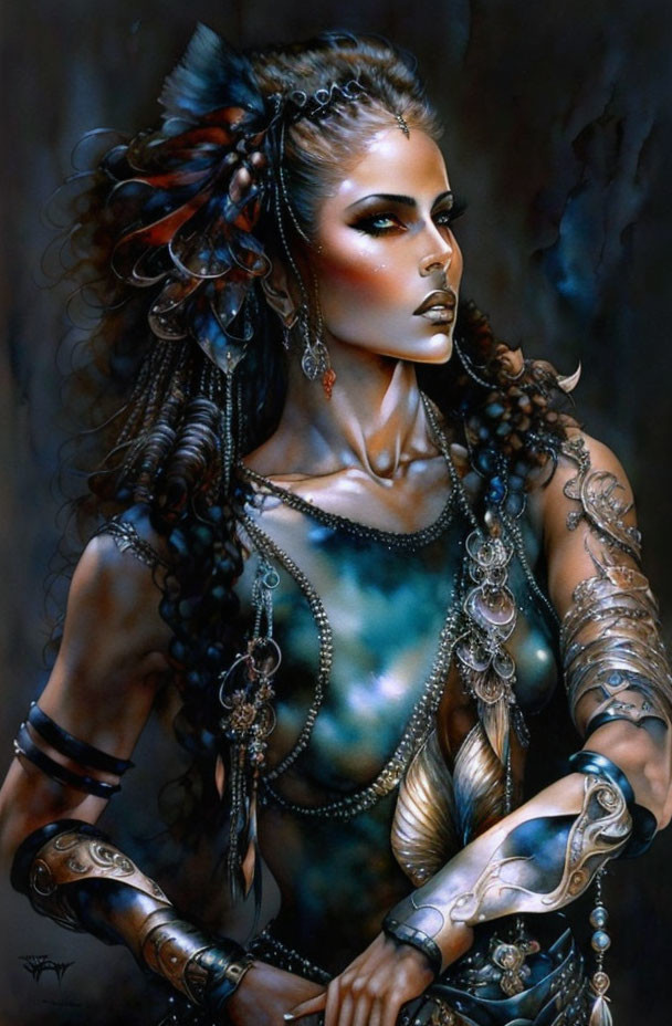 Tribal-inspired makeup and jewelry on fierce woman with braided hair