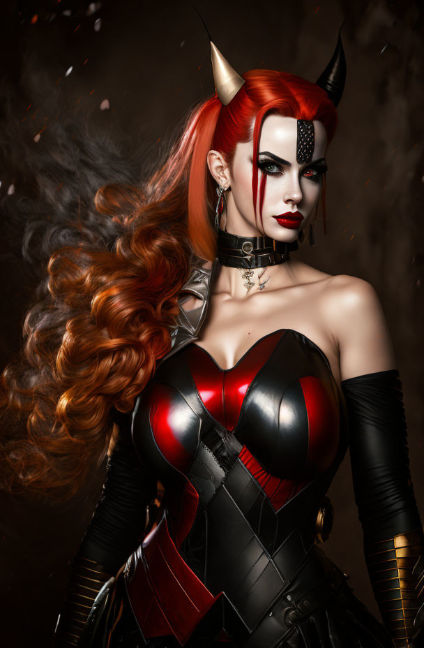 Fantasy demon woman with red hair and horns in black and red attire