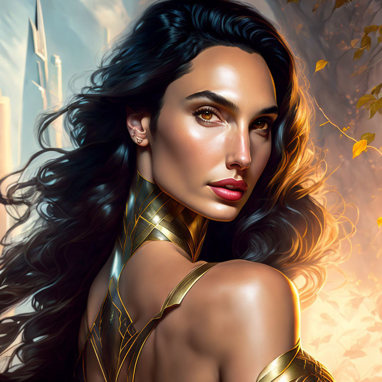 Woman in golden armor with curly hair in cityscape illustration.