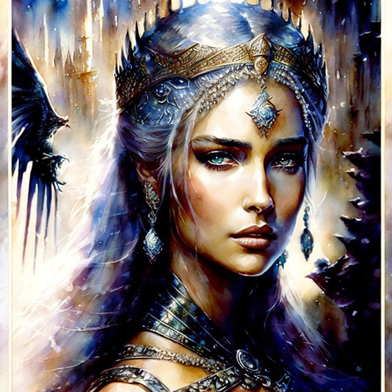 Fantasy queen with jeweled crown and armor on abstract blue background