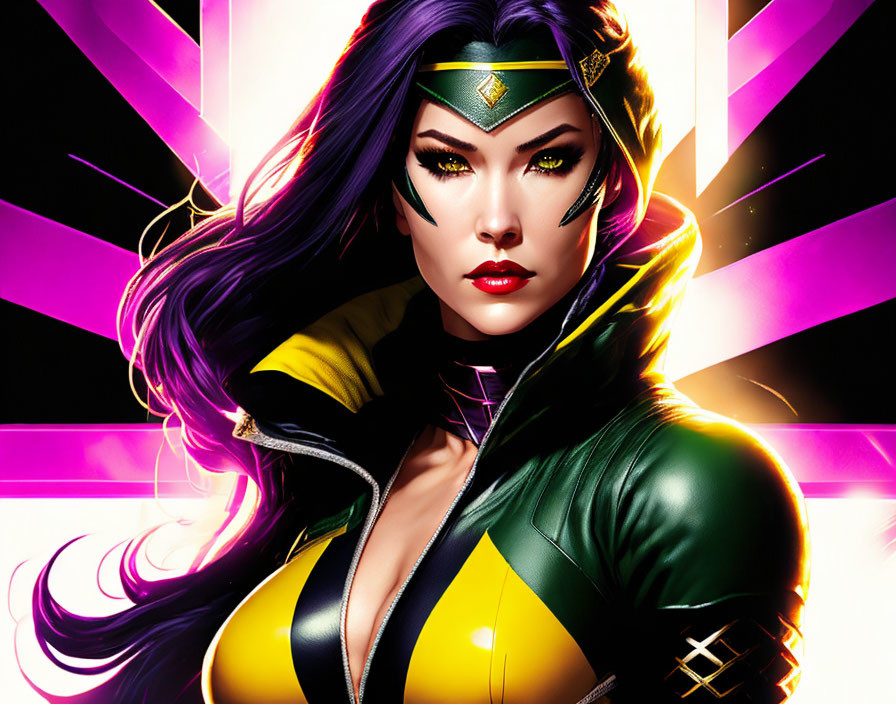 Female superhero with purple hair and gold headpiece in green and yellow costume on pink and purple background