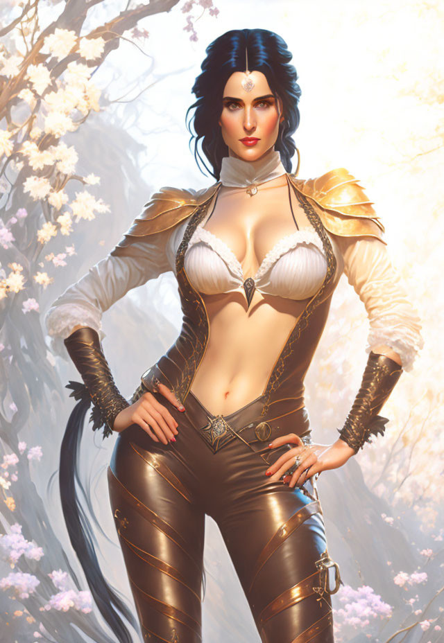 Fantasy-style digital illustration of a woman in white and gold attire with dark hair and blossoming trees