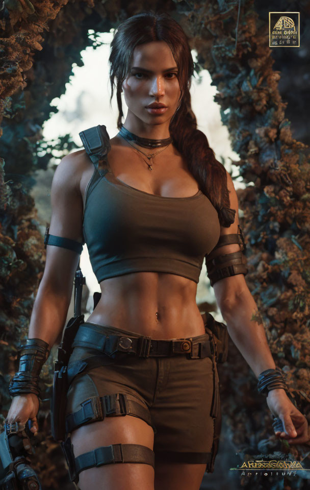 Confident woman in combat attire in forest with intense gaze