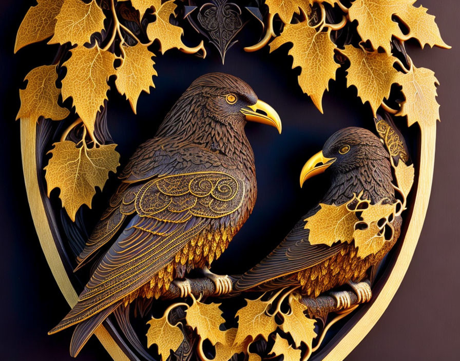 Intricately designed stylized ravens with golden leaves on dark background